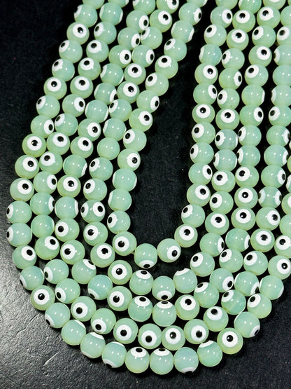 Beautiful Light Green Evil Eye Glass Beads 6mm 8mm Round Beads, Beautiful Light Green Evil Eye Amulet Glass Beads, Full Strand Glass Beads