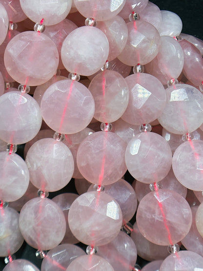 Natural Rose Quartz Gemstone Bead Faceted 18mm Coin Shape, Beautiful Natural Pink Color Rose Quartz Bead, Great Quality Full Strand 15.5"