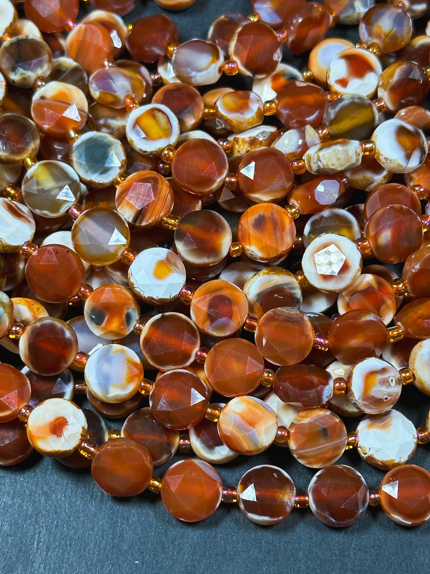 Natural Red Carnelian with Orca Agate Gemstone Bead Faceted 10mm Coin Shape Beads, Beautiful Natural Red Orange Color Carnelian Beads 15.5"