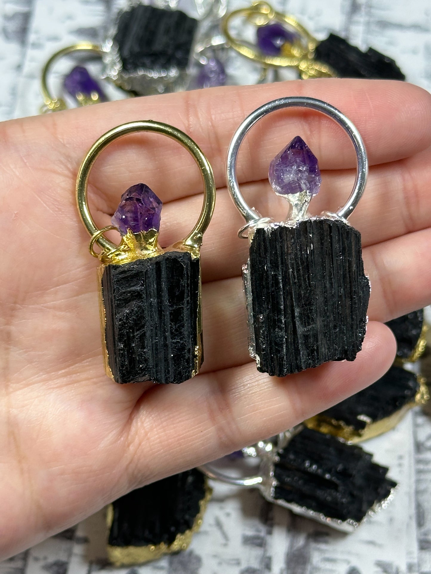 Natural Raw Black Tourmaline with Purple Amethyst Nugget Charm Pendant, Freeform Raw Tourmaline Amethyst Plated Edges Charm Pendant (1pc)