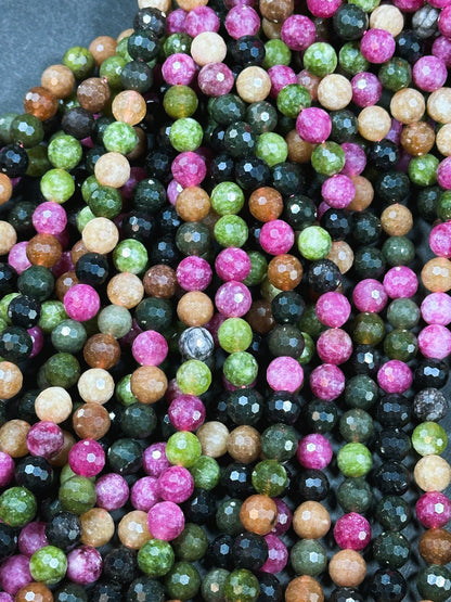 Natural Tourmaline Quartz Gemstone Bead Faceted 8mm 10mm Round Beads, Beautiful Multicolor Tourmaline Quartz Stone Beads, Full Strand 15.5"