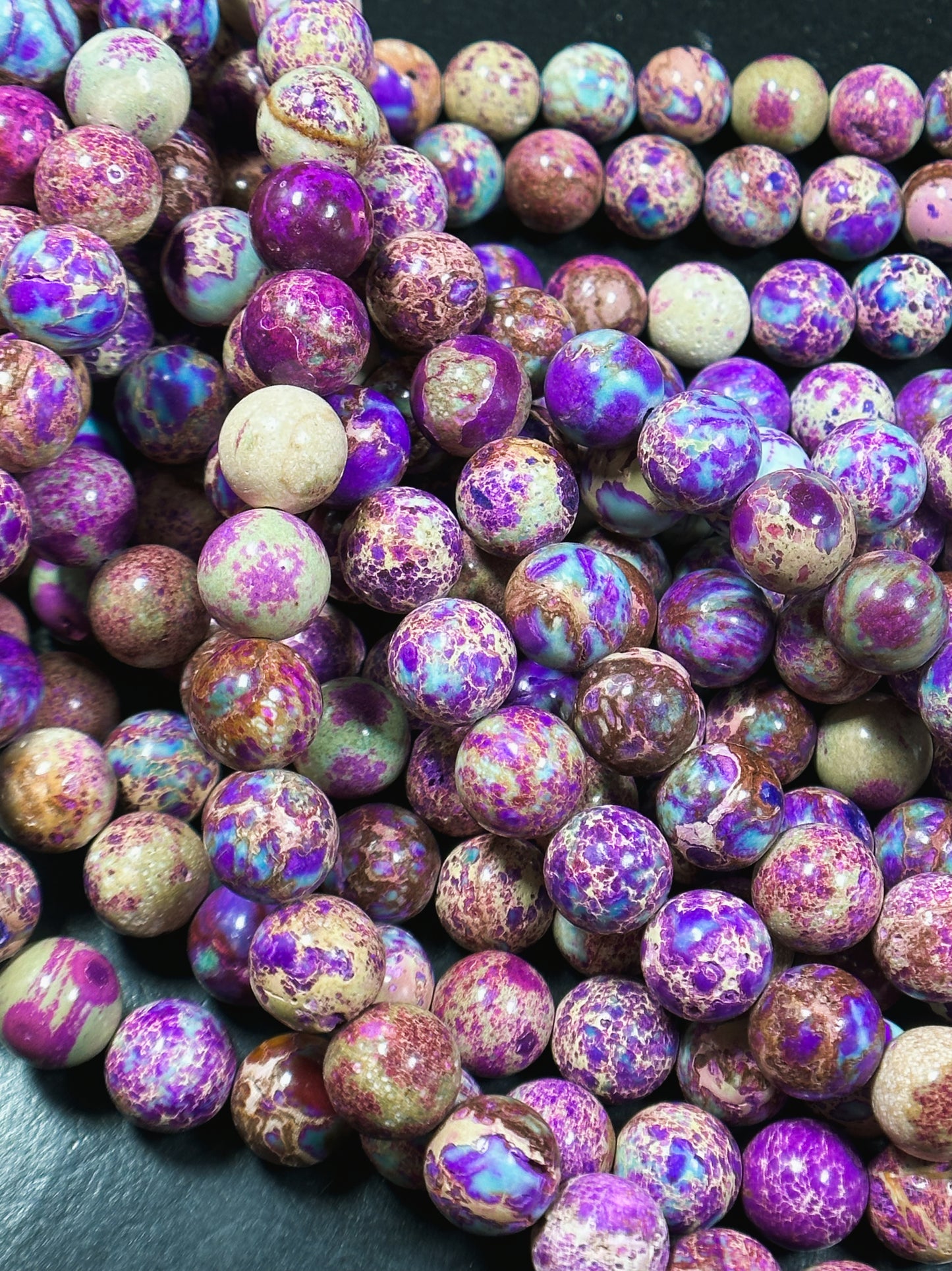 Natural Sea Sediment Jasper Gemstone Bead 6mm 8mm 10mm Round Beads, Beautiful Purple Blue Beige Color Imperial Jasper Bead Full Strand 15.5"