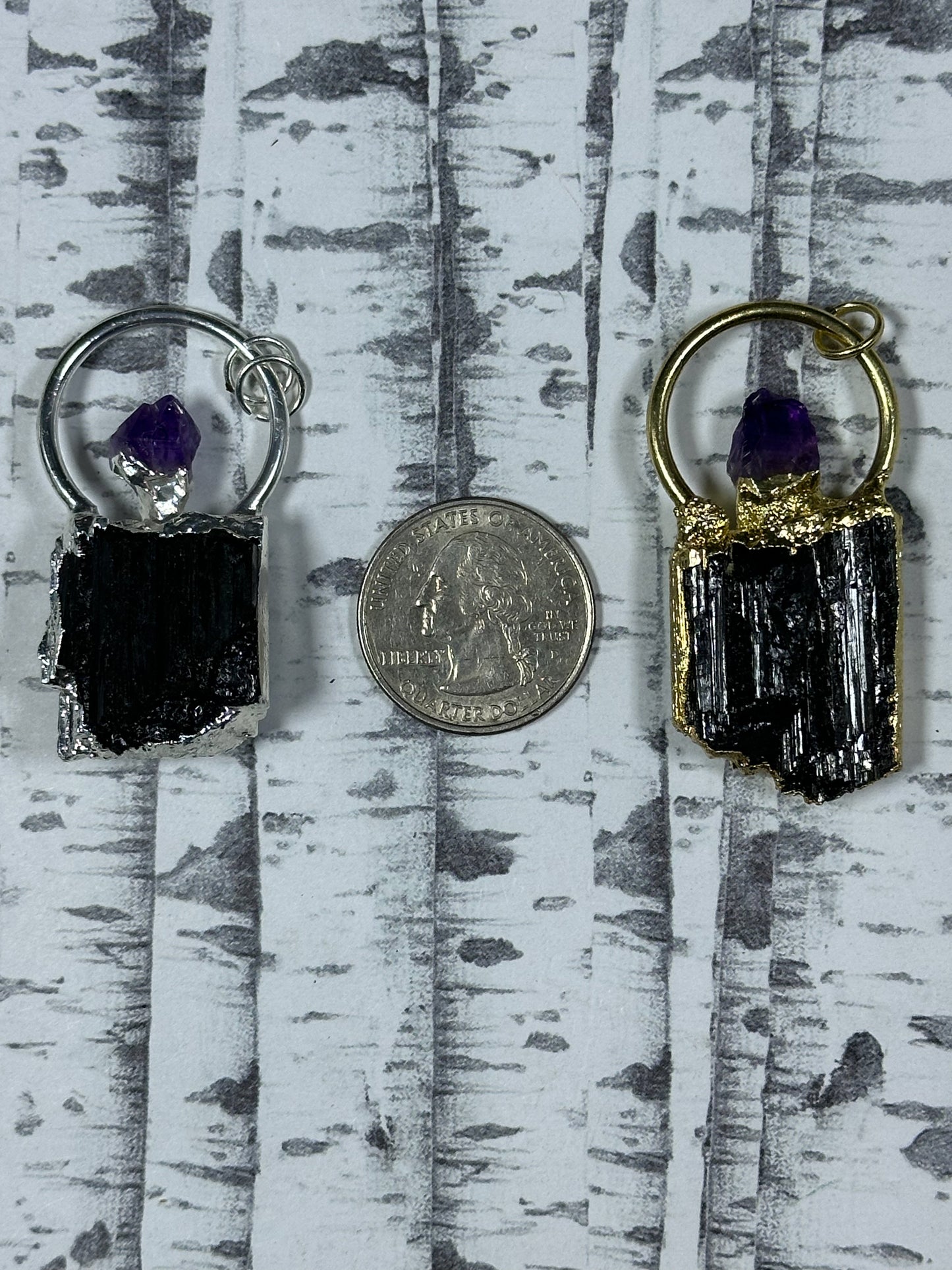 Natural Raw Black Tourmaline with Purple Amethyst Nugget Charm Pendant, Freeform Raw Tourmaline Amethyst Plated Edges Charm Pendant (1pc)