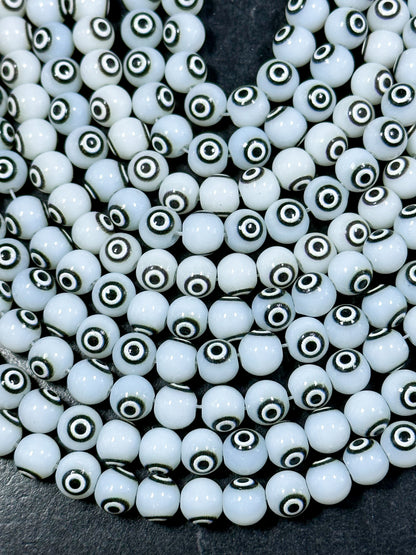 Beautiful White Evil Eye Glass Beads 6mm 8mm Round Beads, Beautiful White Black Evil Eye Amulet Glass Beads, Full Strand Glass Beads