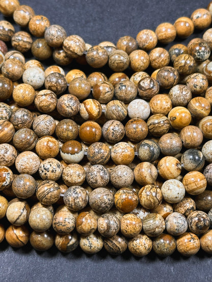 Natural Picture Jasper Gemstone 4mm 6mm 8mm 10mm Round Beads, Beautiful Natural Brown Tan Color Picture Jasper Gemstone Beads 15.5" Strand