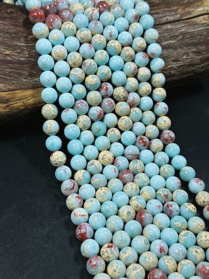 Natural Sea Sediment Jasper Gemstone Bead 6mm 8mm 10mm Round Beads, Beautiful Blue Red Beige Color Imperial Jasper Beads Full Strand 15.5"