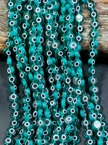 Beautiful Evil Eye Glass Beads 6mm 8mm 10mm Flat Coin Shape, Beautiful Turquoise Green Color Evil Eye Glass Beads, Religious Amulet Prayer Beads