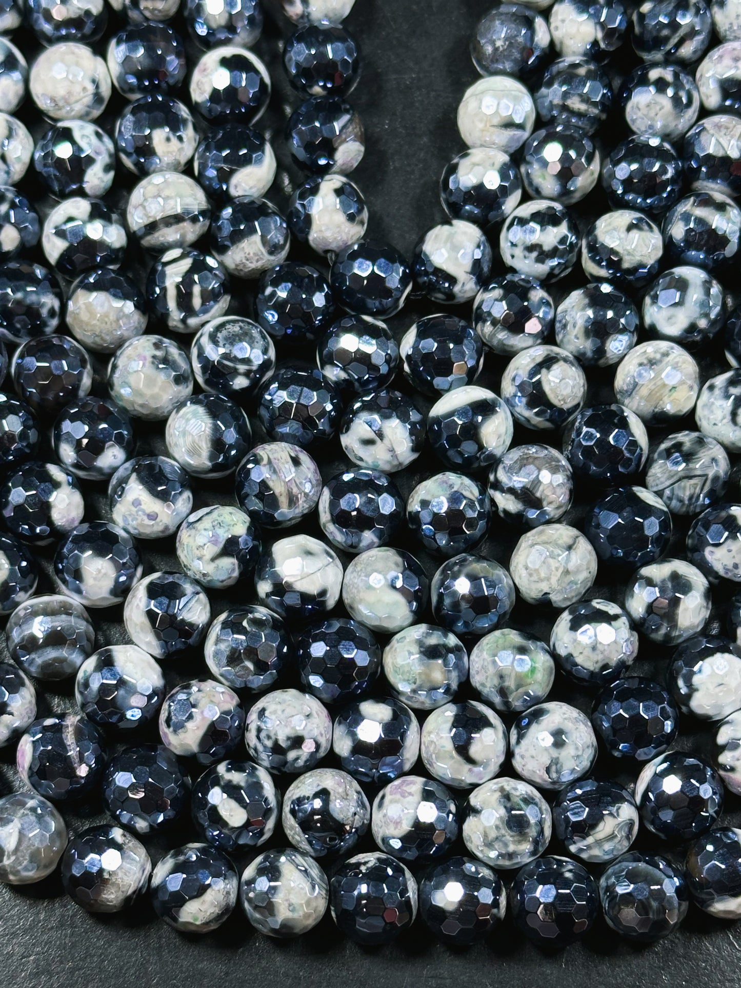 Mystic Natural Tibetan Agate Gemstone Bead Faceted 8mm 10mm Round Beads, Beautiful Mystic White Black Agate Stone Beads, Full Strand 15.5"