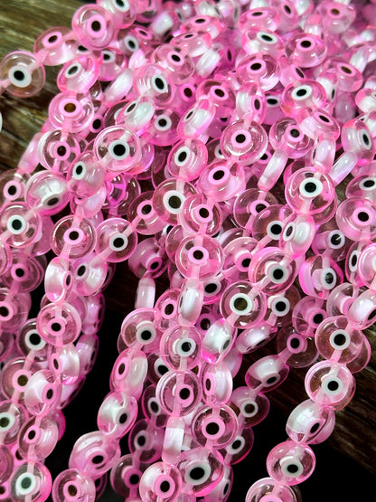 Beautiful Evil Eye Glass Beads 6mm 8mm 10mm Flat Coin Shape, Beautiful Pink Clear Color Evil Eye Glass Beads, Religious Amulet Prayer Beads