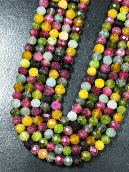 Natural Tourmaline Quartz Gemstone Bead Faceted Rondelle Shape Bead, Beautiful Multicolor Green Yellow Pink Tourmaline Quartz, 15.5" Strand