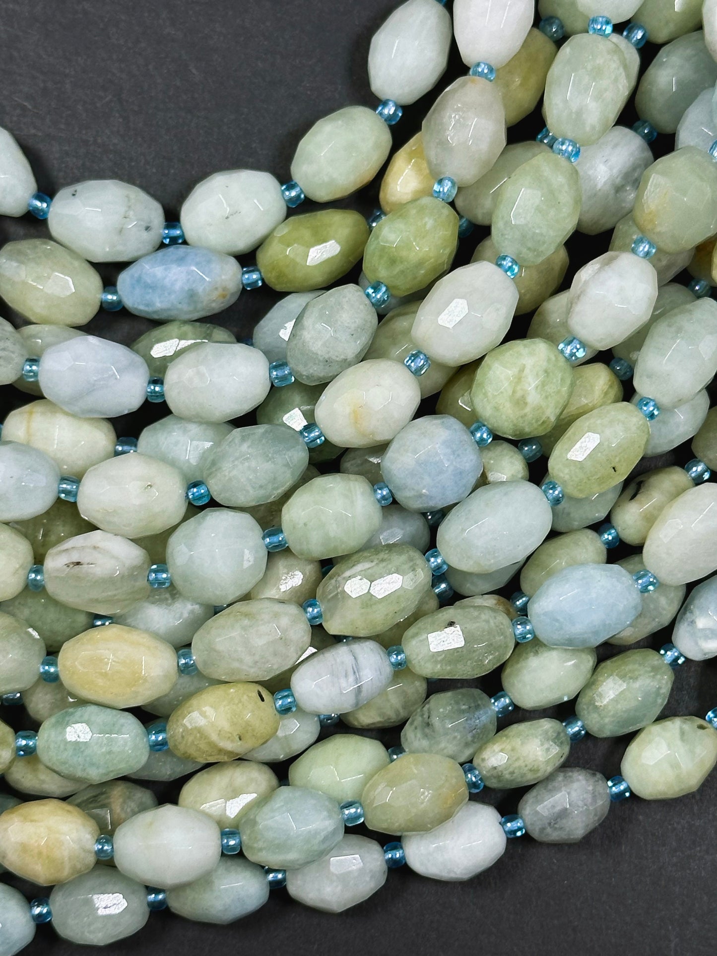 Natural Aquamarine Gemstone Bead Faceted 14x10mm Barrel Shape, Beautiful Natural Blue Green Color Aquamarine Great Quality Full Strand 15.5