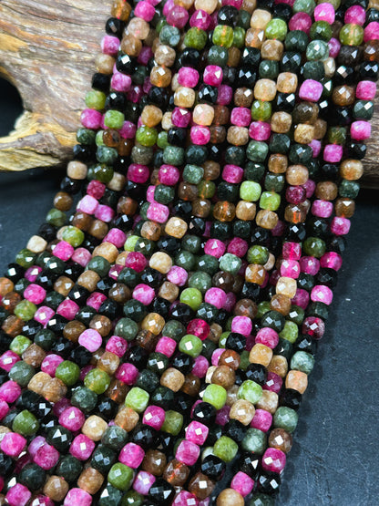 Natural Tourmaline Gemstone Bead Faceted 5mm 7mm Cube Shape, Beautiful Multicolor Black Pink Green Brown Tourmaline Bead, Full 15.5" Strand