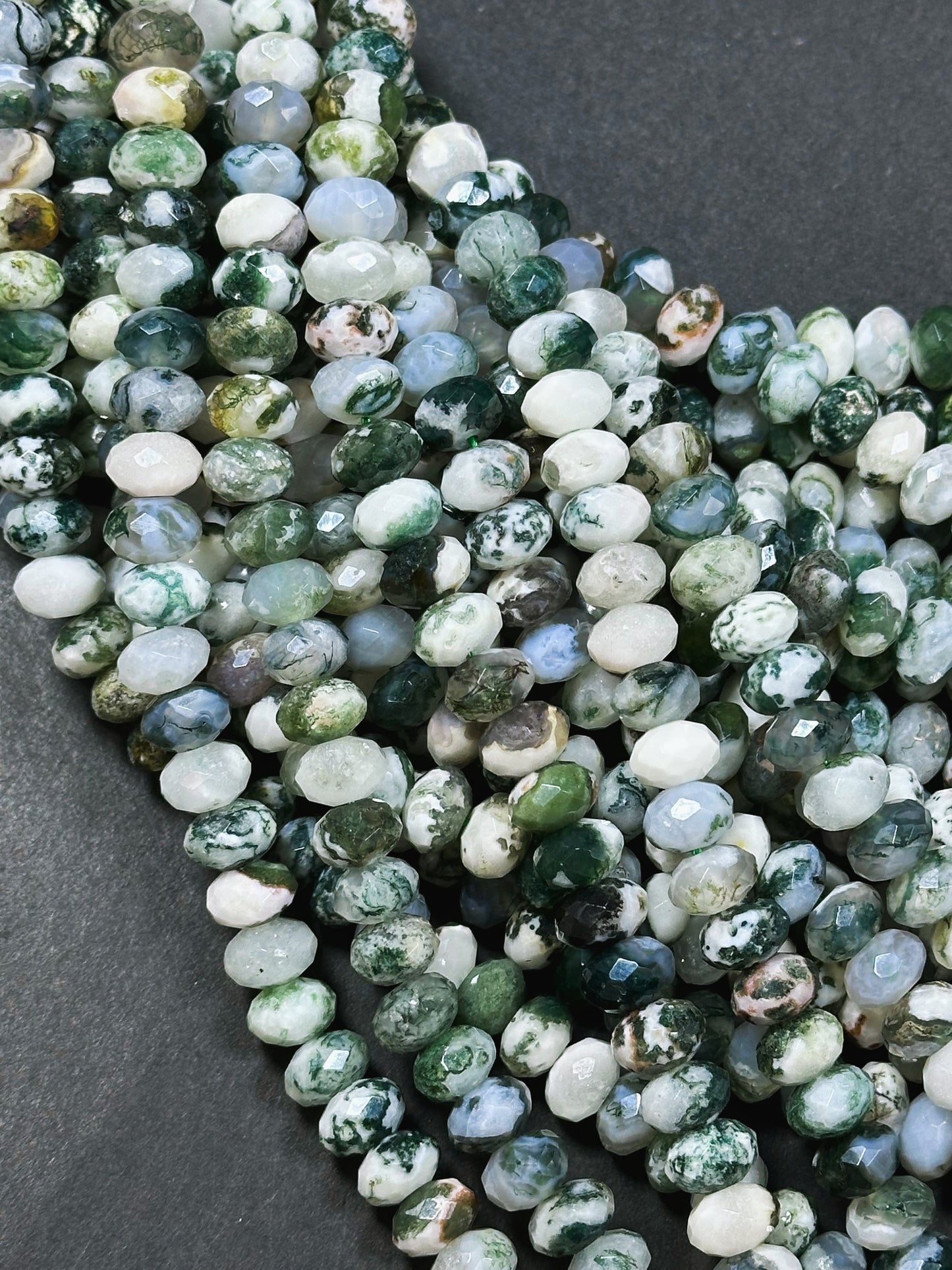 Natural Green Moss Agate Gemstone Bead Faceted Rondelle Shape Beads, Gorgeous Natural White Green Color Moss Agate Beads Full Strand 15.5"