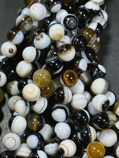 Natural Agate Gemstone Bead 12mm Round Beads, Beautiful Natural Multicolor White Brown Black Color Swirly Agate Gemstone Beads 15.5" Strand