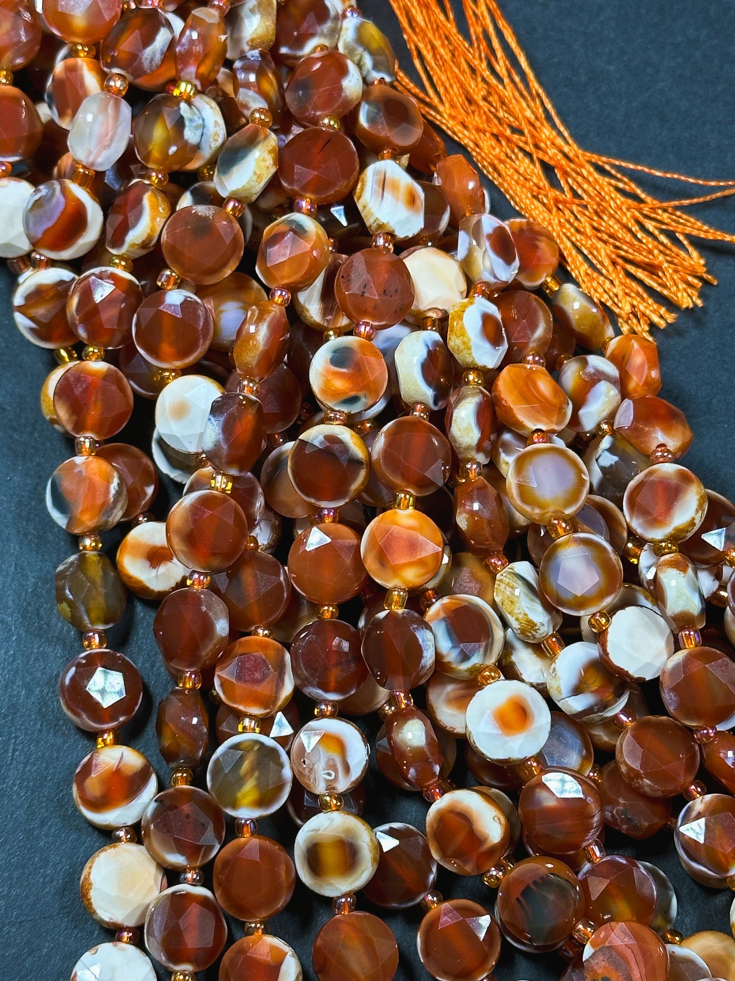 Natural Red Carnelian with Orca Agate Gemstone Bead Faceted 10mm Coin Shape Beads, Beautiful Natural Red Orange Color Carnelian Beads 15.5"