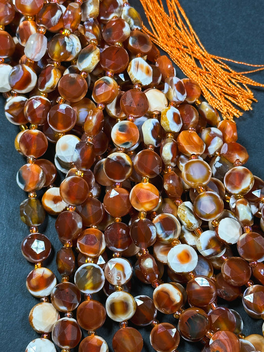 Natural Red Carnelian with Orca Agate Gemstone Bead Faceted 10mm Coin Shape Beads, Beautiful Natural Red Orange Color Carnelian Beads 15.5"