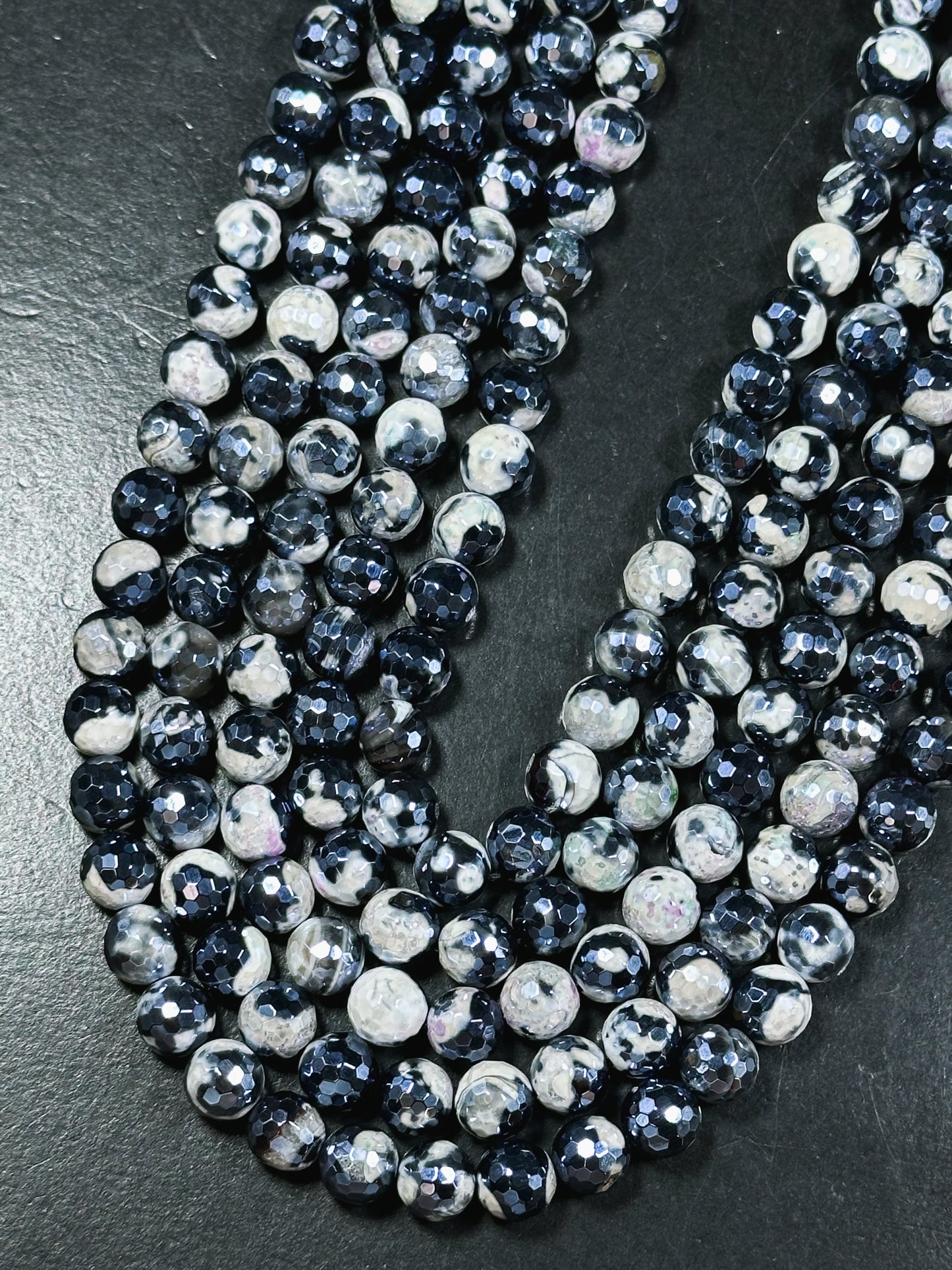 Mystic Natural Tibetan Agate Gemstone Bead Faceted 8mm 10mm Round Beads, Beautiful Mystic White Black Agate Stone Beads, Full Strand 15.5"