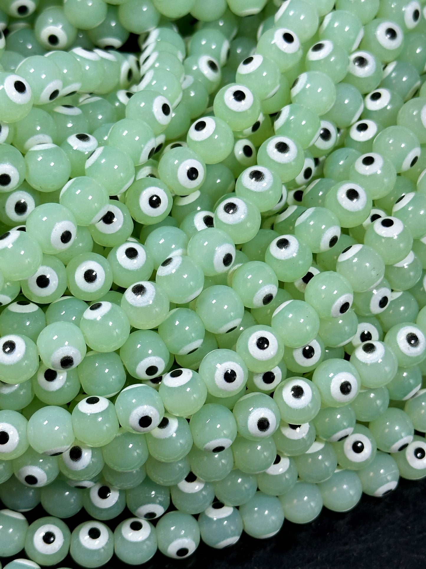 Beautiful Light Green Evil Eye Glass Beads 6mm 8mm Round Beads, Beautiful Light Green Evil Eye Amulet Glass Beads, Full Strand Glass Beads