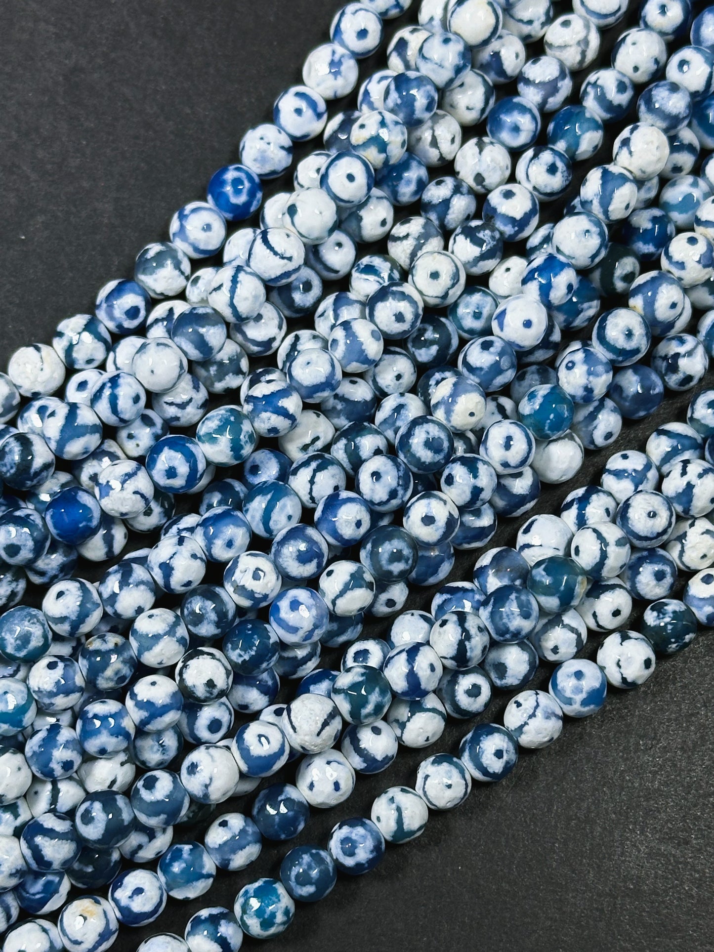 Natural Tibetan Agate Gemstone Bead Faceted 6mm Round Beads, Beautiful Hand Painted White Blue Color Eye Design Tibetan Bead Full 15" Strand