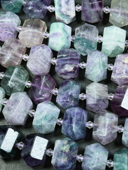 Natural Fluorite Gemstone Bead Faceted 25x16mm Double Point Barrel Shape, Beautiful Natural Multicolor Purple Green Fluorite Beads 15.5"