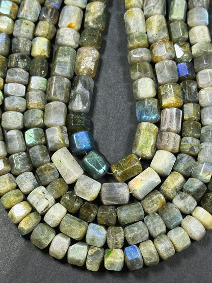 Natural Labradorite Gemstone Bead Faceted Tube Shape Bead, Gorgeous Natural Gray Brown Color, Blue Rainbow Flash Labradorite Beads 15.5"