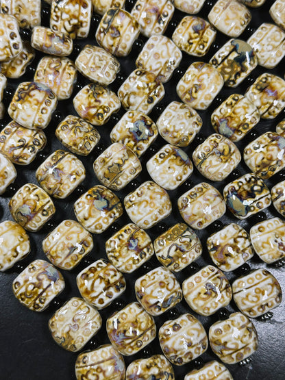 Beautiful Hand Painted Porcelain Beads, 22x20mm Unique Hand Painted Beige Porcelain Square Shape Beads, Gorgeous Beige Porcelain Beads 8"