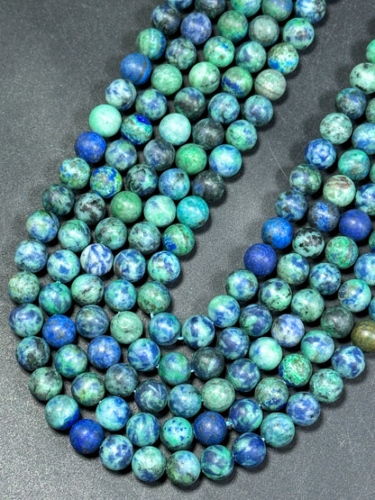 Natural Matte Azurite Gemstone Bead 4mm 6mm 8mm 10mm 12mm Round Beads, Gorgeous Green Blue Color Azurite Gemstone Beads, Full Strand 15.5"