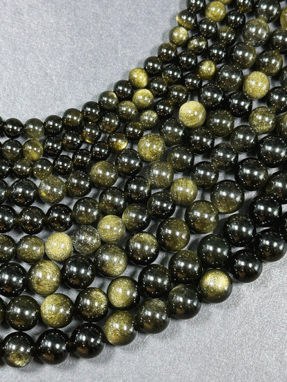 AAA Natural Gold Obsidian Gemstone Bead 6mm 8mm 10mm 12mm Round Bead, Gorgeous Black Gold Sheen Obsidian Bead, Excellent Quality Full Strand 15.5