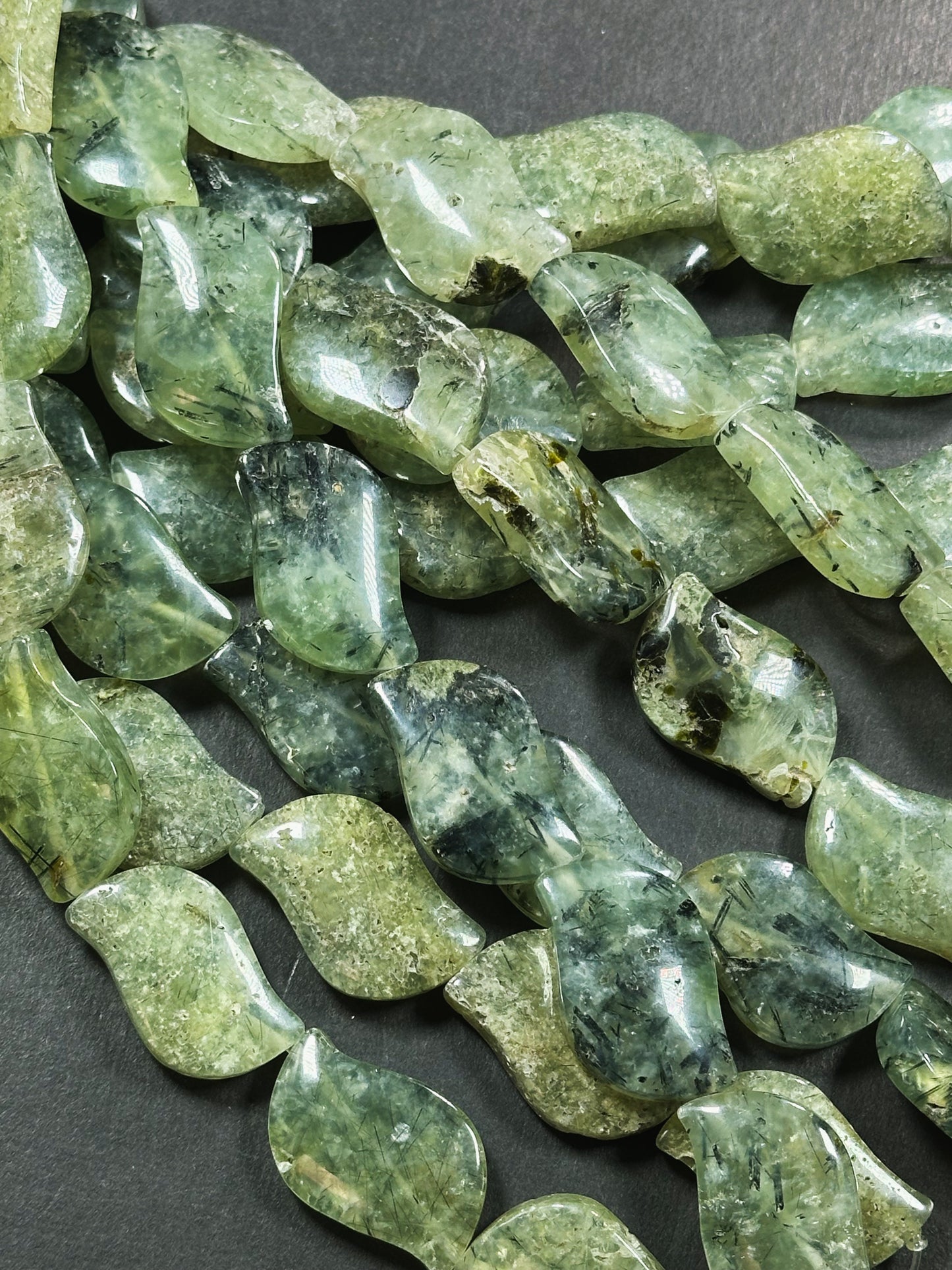 Natural Prehnite Gemstone Bead 29x18mm Wave Shape Bead, Beautiful Natural Green Prehnite Stone Bead w/ Epidote Inclusions, Full Strand 15.5"