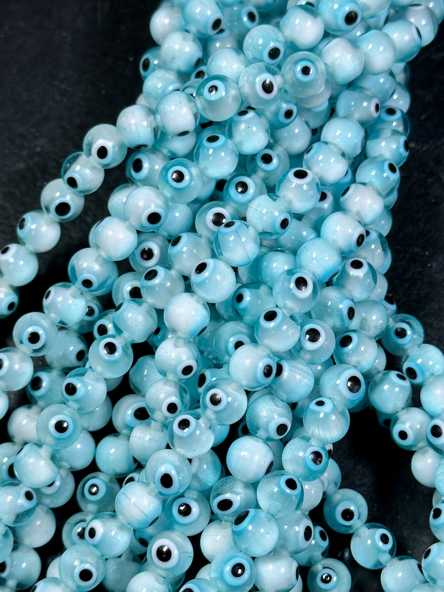 Beautiful Aqua Blue Evil Eye Glass Beads 8mm Round Beads, Beautiful Aqua Blue Clear Evil Eye Amulet Glass Beads, Full Strand Glass Beads