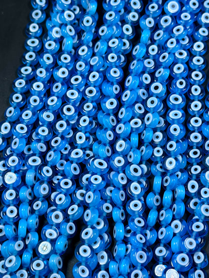 Beautiful Evil Eye Glass Bead 8mm Flat Coin Shape, Beautiful Turquoise Blue w/ Blue Eyes Evil Eye Glass Bead, Religious Amulet Prayer Beads