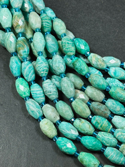 Natural Amazonite Gemstone Bead Faceted 15x10mm Barrel Shape, Gorgeous Natural Green Blue Color Amazonite Gemstone Bead Full Strand 15.5"