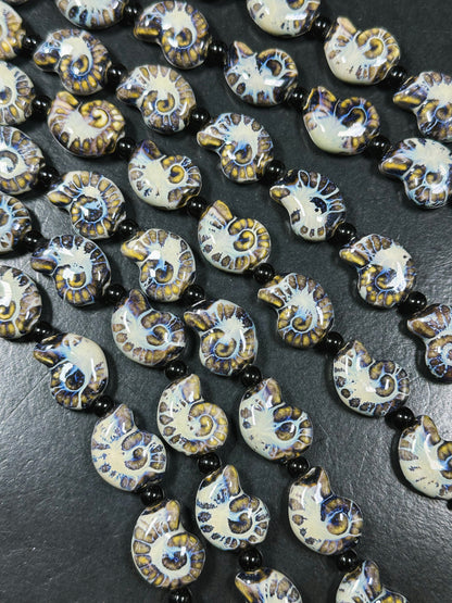 Beautiful Hand Painted Porcelain Beads, 21x17mm Unique Hand Painted Blue Porcelain Nautilus Shell Shape Beads, Gorgeous Porcelain Beads 9"