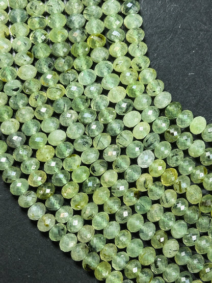 AAA Natural Prehnite Gemstone Bead Faceted 7x5mm Rondelle Shape, Natural Green Prehnite with Black Inclusions, Excellent Quality Full Strand 15.5"