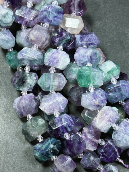 Natural Fluorite Gemstone Bead Faceted 25x16mm Double Point Barrel Shape, Beautiful Natural Multicolor Purple Green Fluorite Beads 15.5"