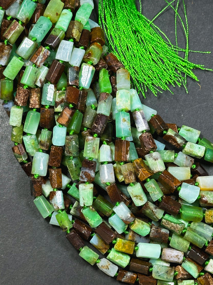 Natural Chrysoprase Gemstone Bead Faceted 12x8mm Tube Shape Bead, Beautiful Natural Green Brown Color Chrysoprase Beads, Full Strand 15.5"