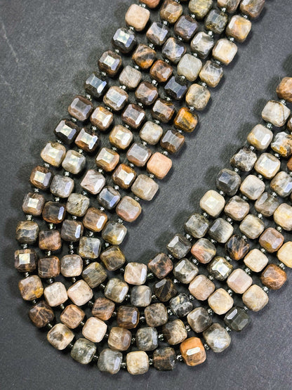 AAA Natural Black Moonstone Gemstone Bead, Faceted 8mm Cube Shape, Beautiful Black Brown Color Moonstone Beads Full Strand 15.5"