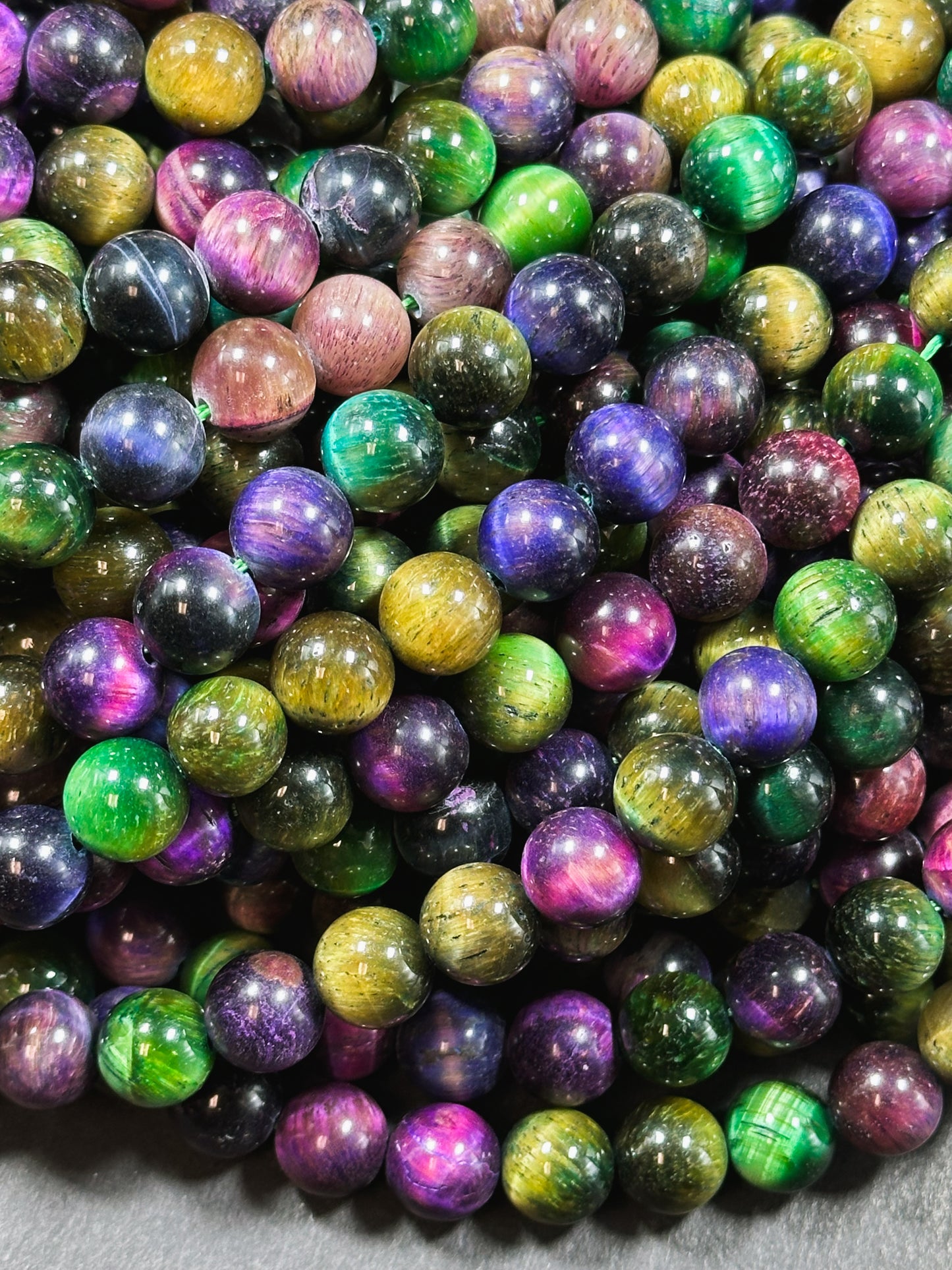 Multicolor Green Galaxy Tiger Eye Gemstone 6mm 8mm 10mm Round Beads, Gorgeous Multicolor Green Purple Teal Color Galaxy Tiger Eye Beads 15.5"