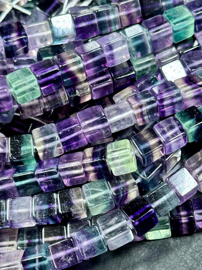 AAA NATURAL Fluorite Gemstone Bead 8mm Cube Shape Bead, Beautiful Natural Purple Green Color Fluorite Gemstone Loose Beads Full Strand 15.5"