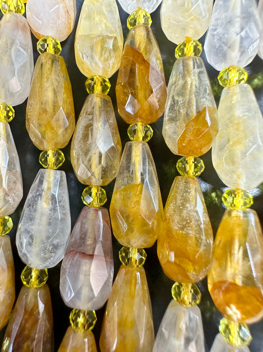 NATURAL Rutilated Quartz Gemstone Bead Faceted 15x8mm Teardrop Shape Beads. Beautiful Gold Yellow Color Quartz Full Strand 15.5"