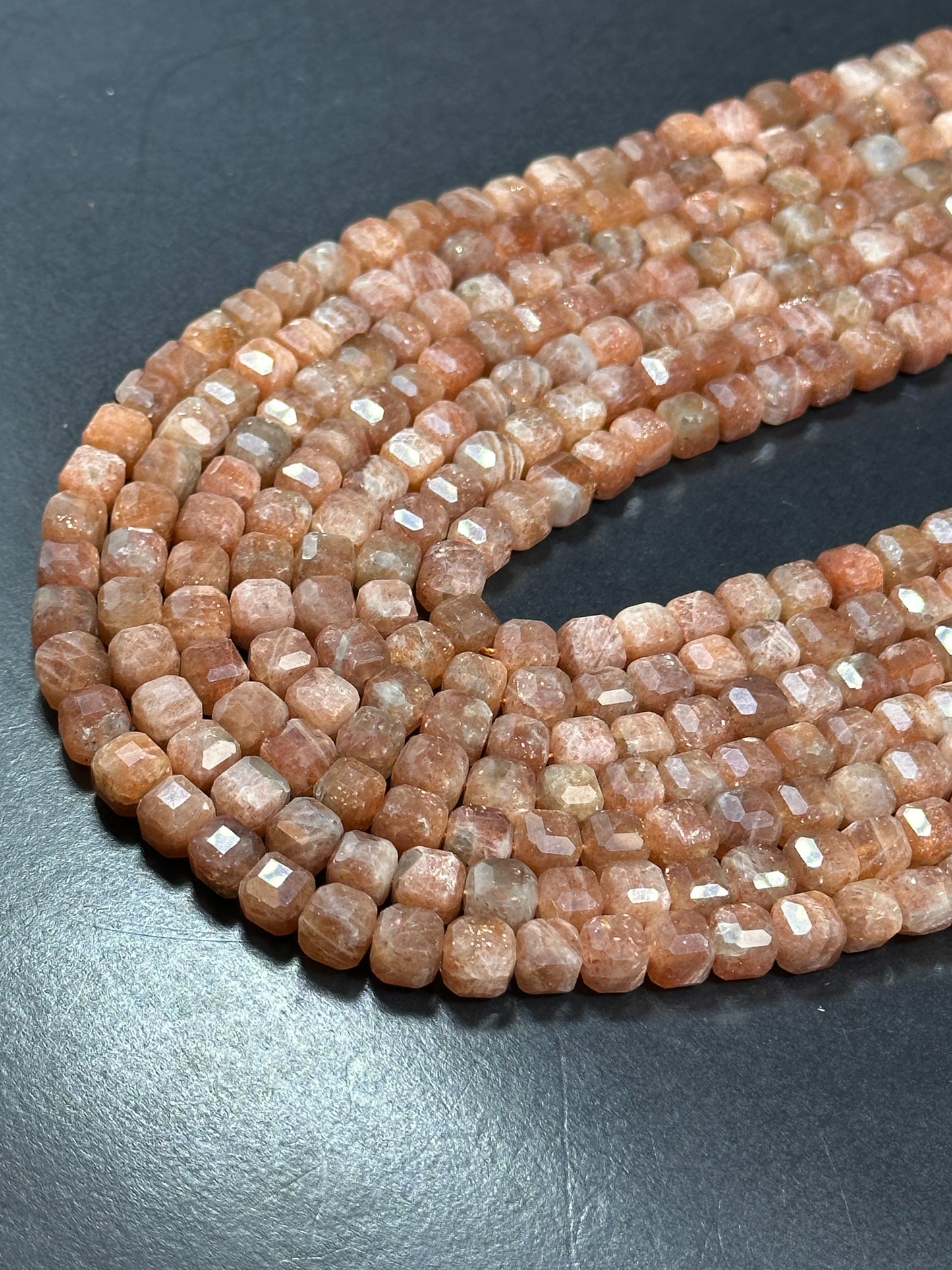 NATURAL Fire Sunstone Gemstone Bead Faceted 8mm Cube Shape, Gorgeous Peach Orange Color Loose Fire Sunstone Beads. 15.5" Full strand