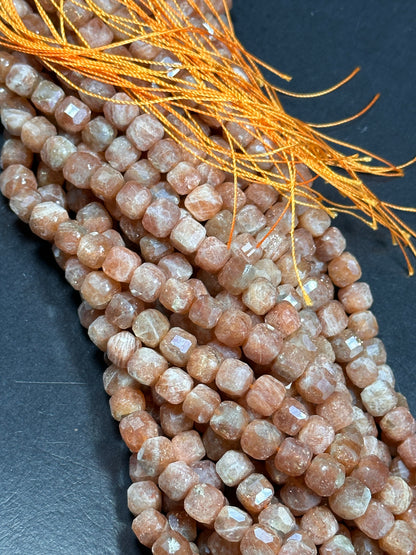 NATURAL Fire Sunstone Gemstone Bead Faceted 8mm Cube Shape, Gorgeous Peach Orange Color Loose Fire Sunstone Beads. 15.5" Full strand