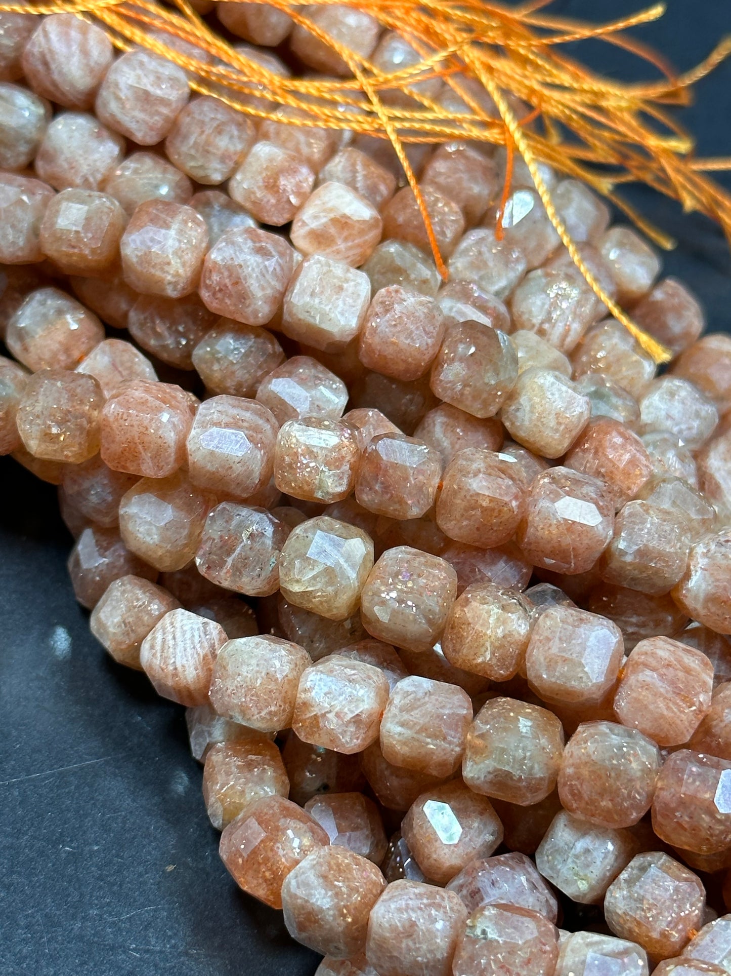 NATURAL Fire Sunstone Gemstone Bead Faceted 8mm Cube Shape, Gorgeous Peach Orange Color Loose Fire Sunstone Beads. 15.5" Full strand