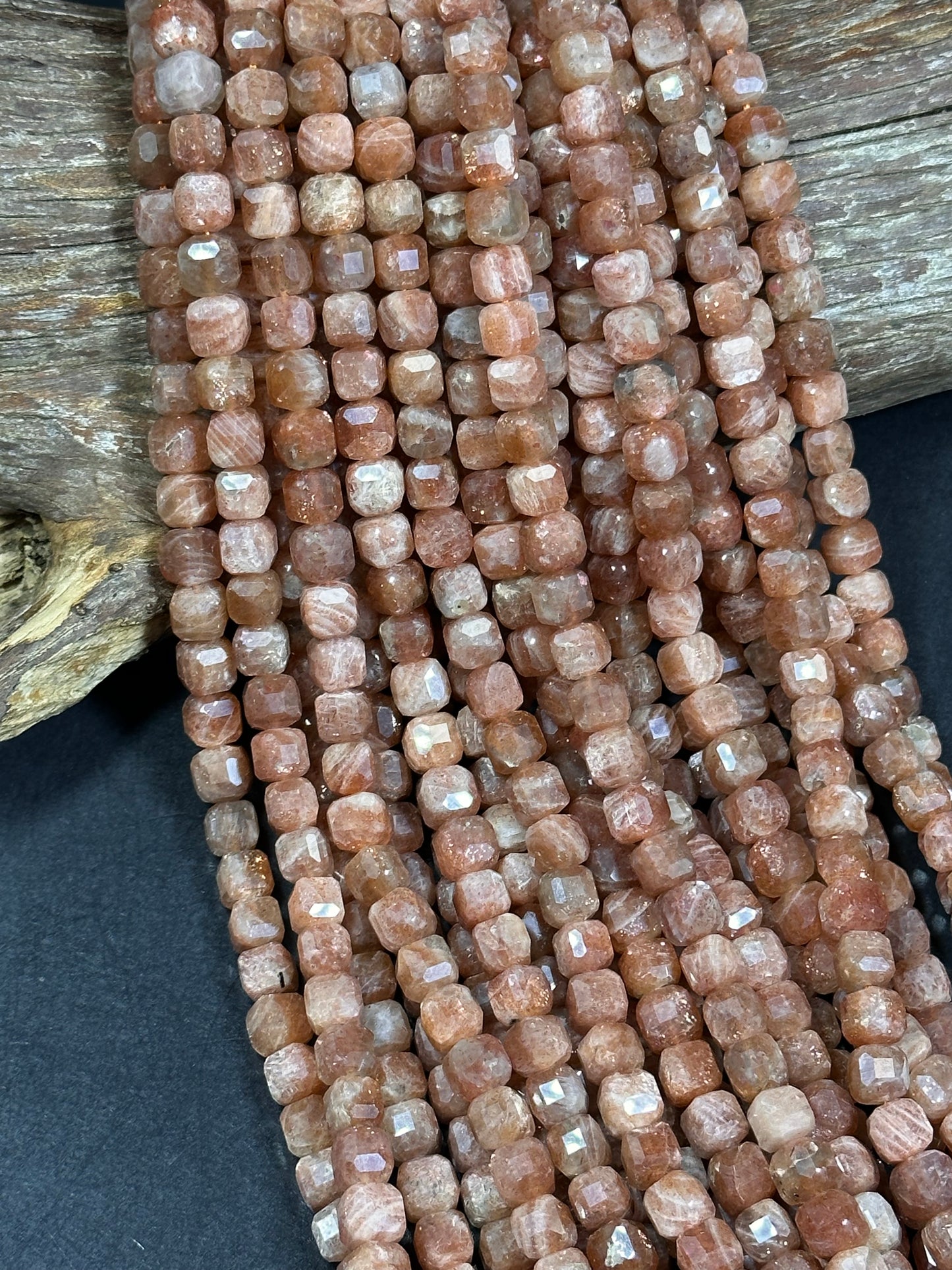 NATURAL Fire Sunstone Gemstone Bead Faceted 8mm Cube Shape, Gorgeous Peach Orange Color Loose Fire Sunstone Beads. 15.5" Full strand