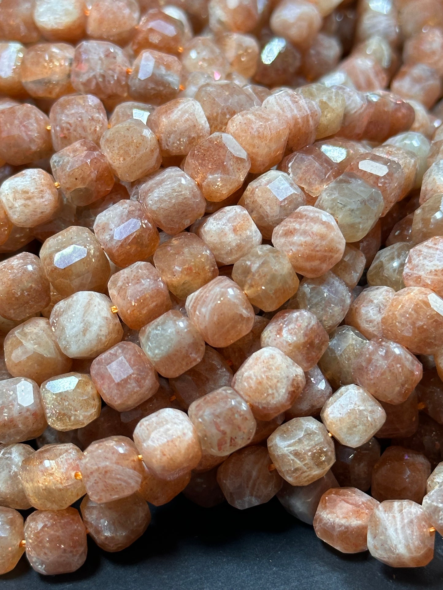 NATURAL Fire Sunstone Gemstone Bead Faceted 8mm Cube Shape, Gorgeous Peach Orange Color Loose Fire Sunstone Beads. 15.5" Full strand