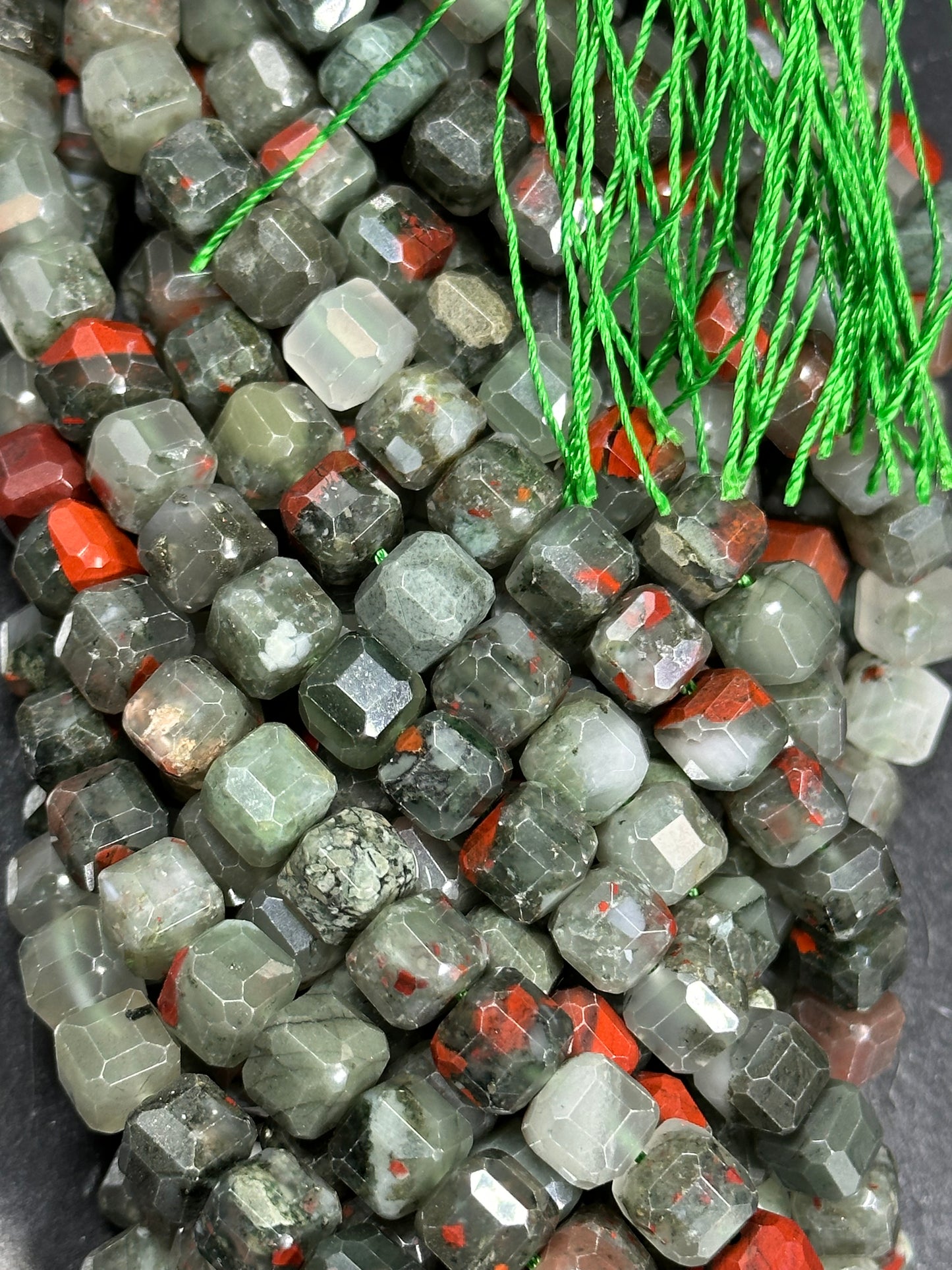 AA NATURAL African Bloodstone Gemstone Bead Faceted 8mm Cube Shape, Beautiful Gray Red Color Bloodstone Beads. Full Strand 15.5"