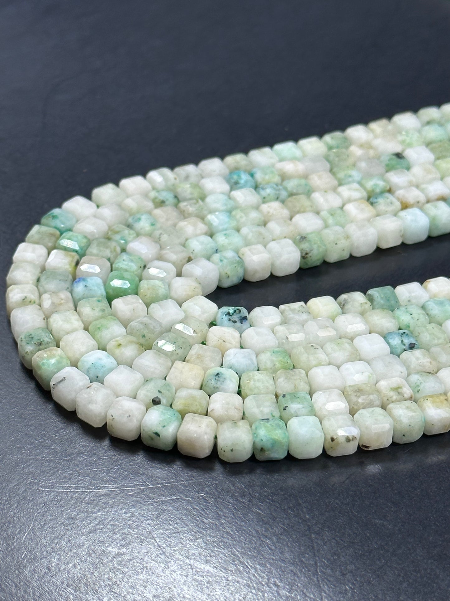 AA NATURAL Kiwi Mariposite Jasper Gemstone Bead Faceted 7mm 8mm Cube Shape, Gorgeous Light Green White Color Loose Mariposite Beads. Full Strand 15.5"