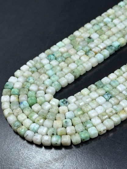 AA NATURAL Kiwi Mariposite Jasper Gemstone Bead Faceted 7mm 8mm Cube Shape, Gorgeous Light Green White Color Loose Mariposite Beads. Full Strand 15.5"