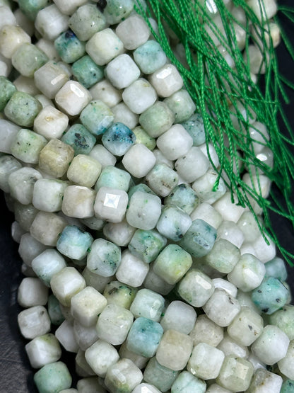 AA NATURAL Kiwi Mariposite Jasper Gemstone Bead Faceted 7mm 8mm Cube Shape, Gorgeous Light Green White Color Loose Mariposite Beads. Full Strand 15.5"