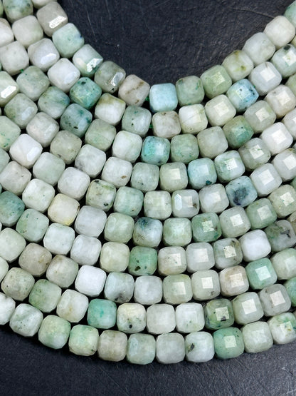 AA NATURAL Kiwi Mariposite Jasper Gemstone Bead Faceted 7mm 8mm Cube Shape, Gorgeous Light Green White Color Loose Mariposite Beads. Full Strand 15.5"